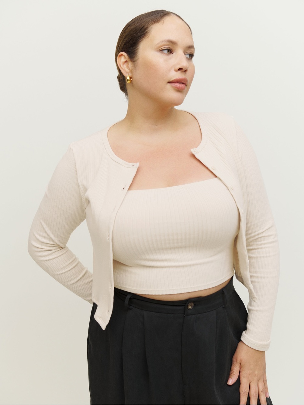 Reformation Ruby Cardigan Ribbed Set- Cream - Picture 4 of 5